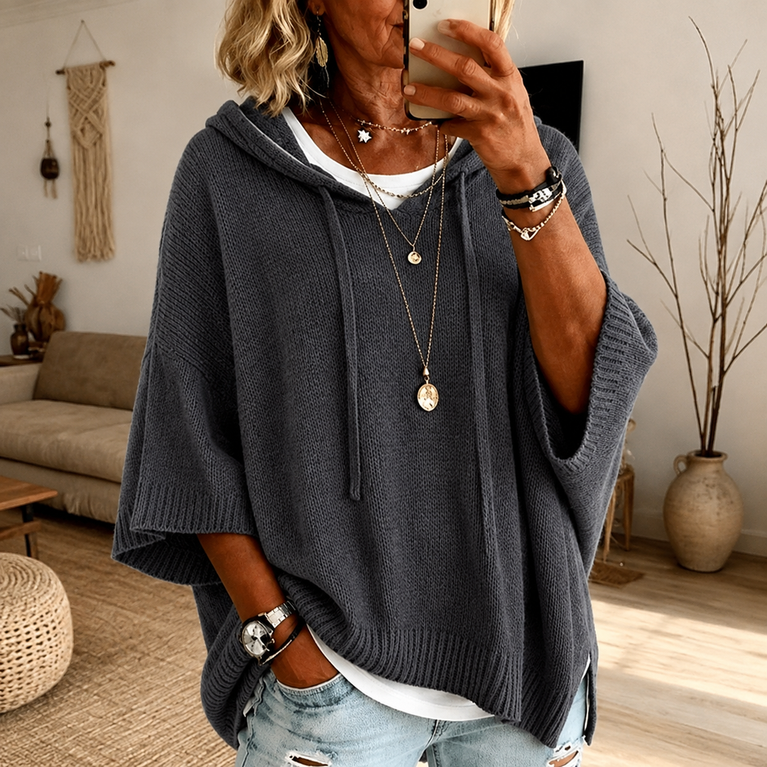 Greer | Charcoal Grey Hooded Poncho-Style Knit Jumper