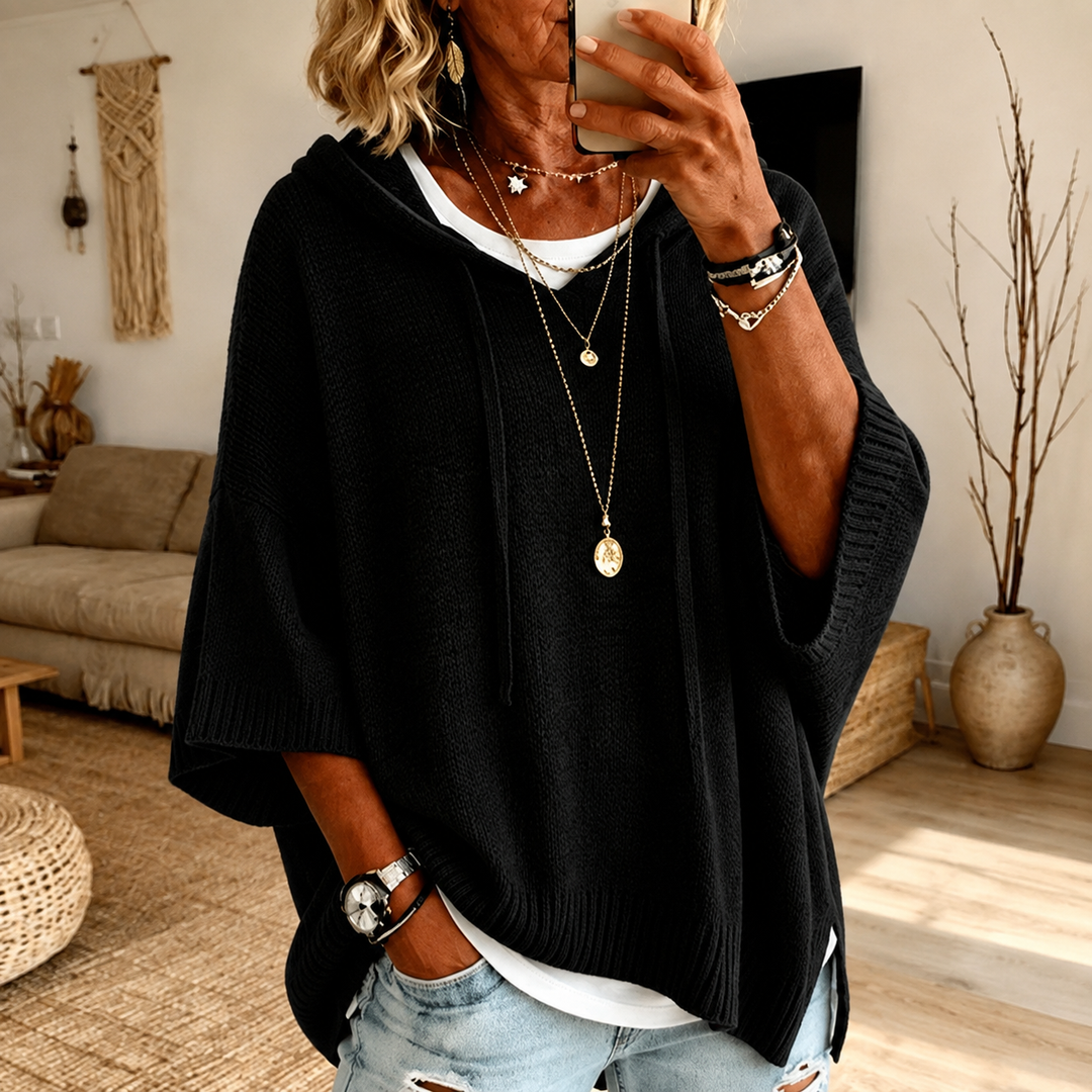 Zora | Black Hooded Poncho-Style Knit Jumper