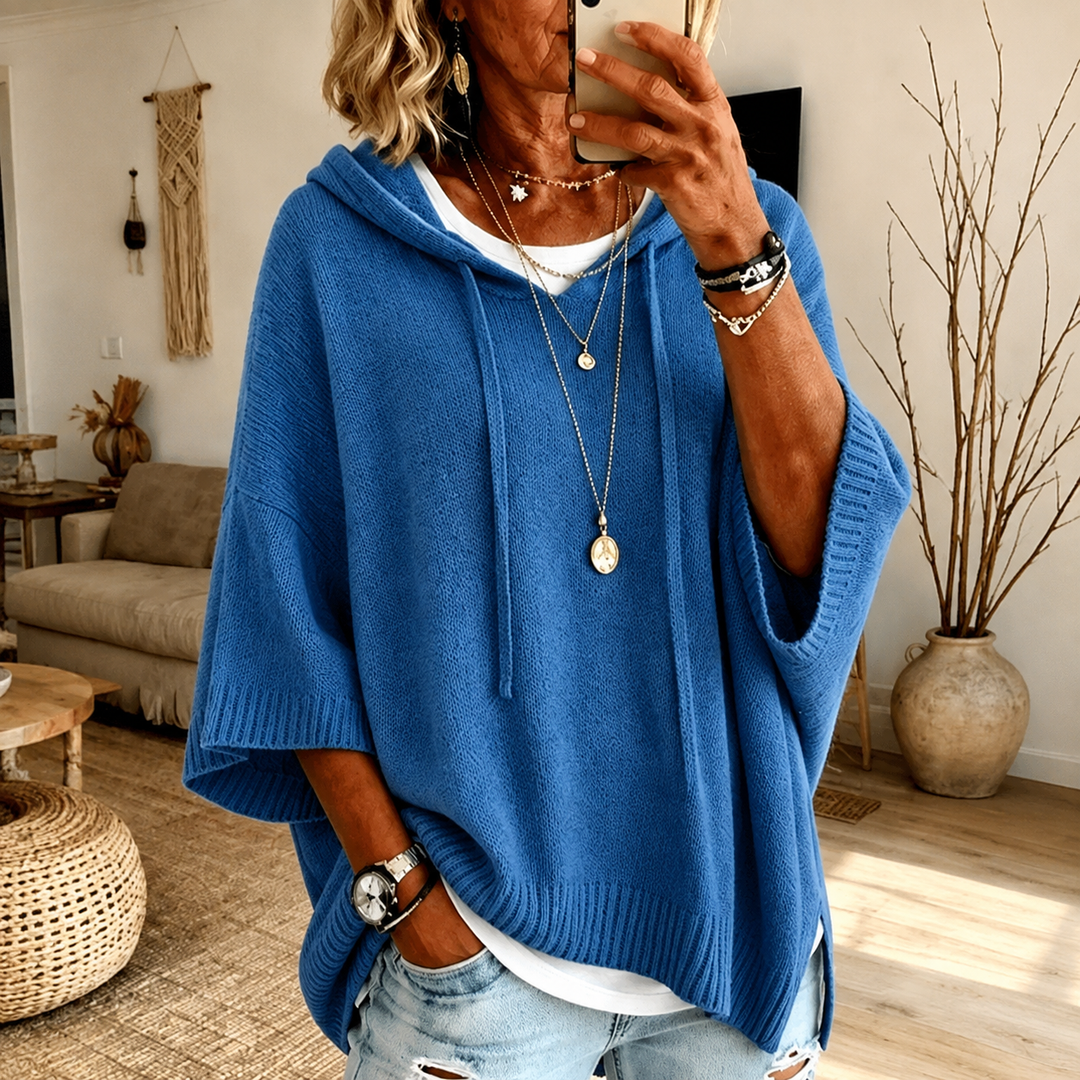 Sapphire | Cobalt Blue Hooded Poncho-Style Knit Jumper