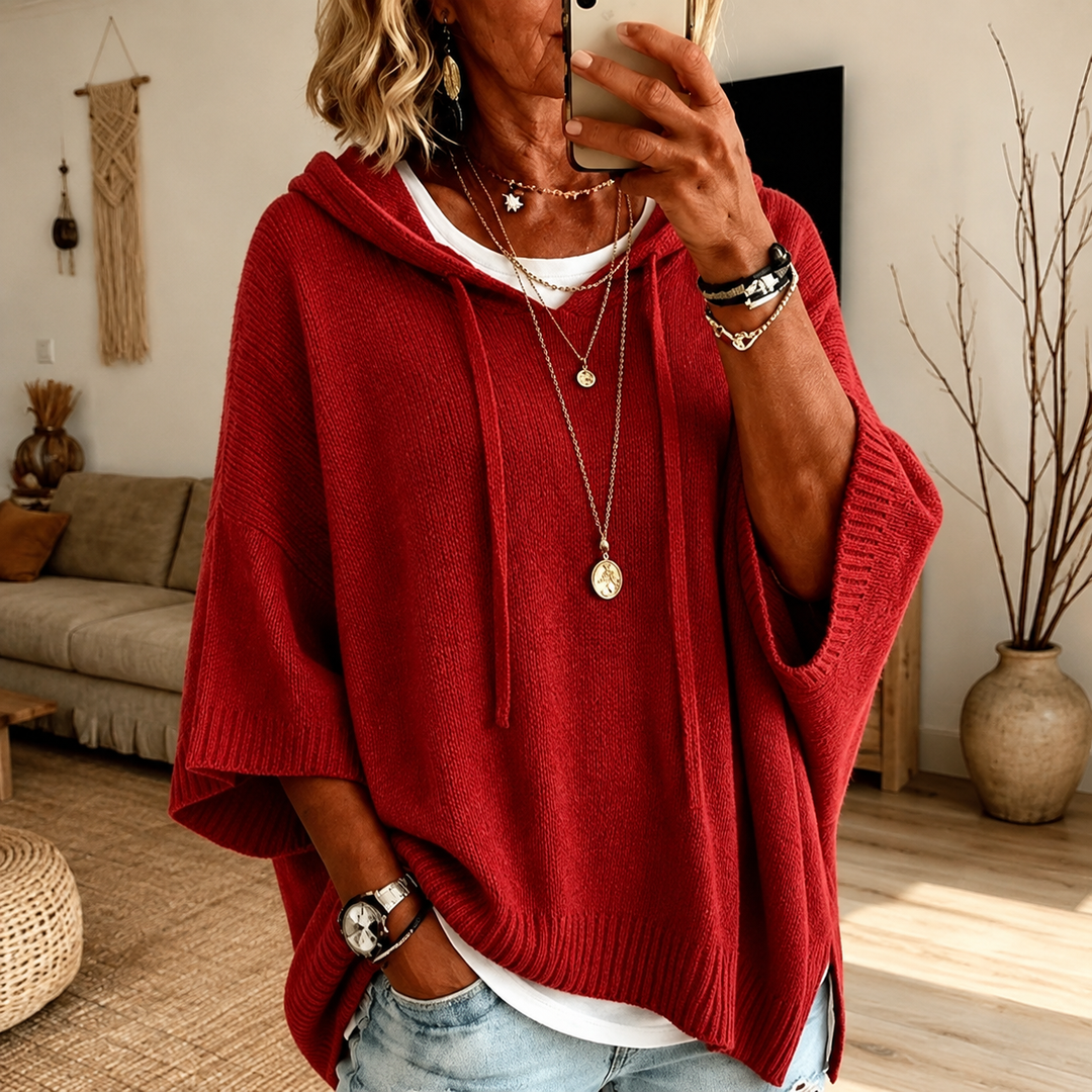 Garnet | Red Hooded Poncho-Style Knit Jumper