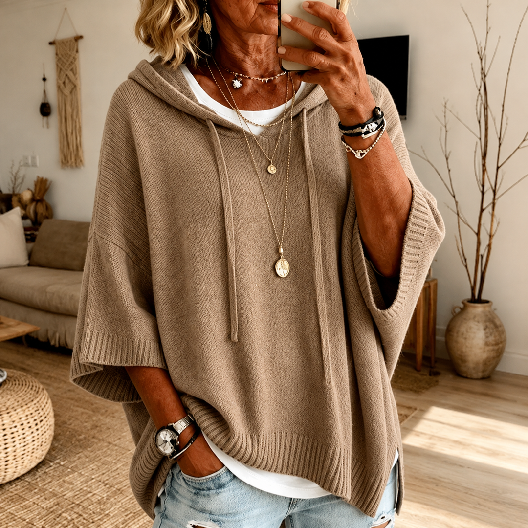 Linnet | Taupe Hooded Poncho-Style Knit Jumper