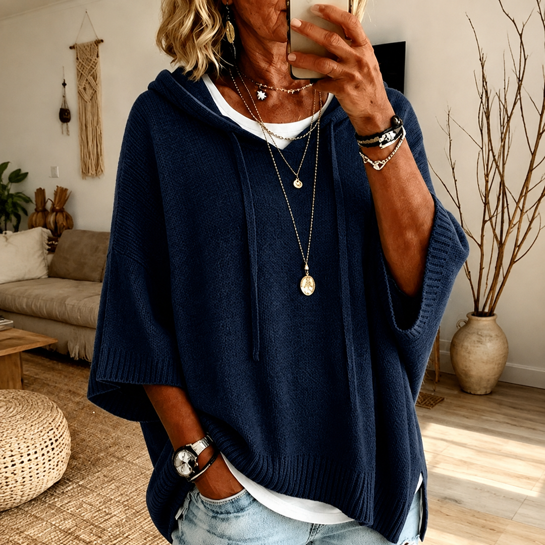 Wynter | Navy Hooded Poncho-Style Knit Jumper