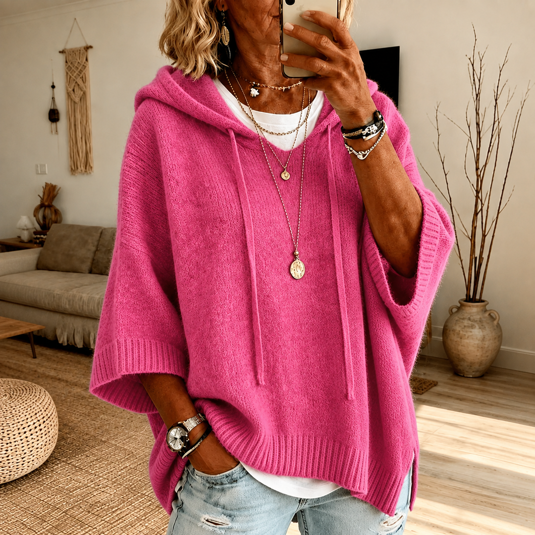 Cerys | Fuchsia Pink Hooded Poncho-Style Knit Jumper