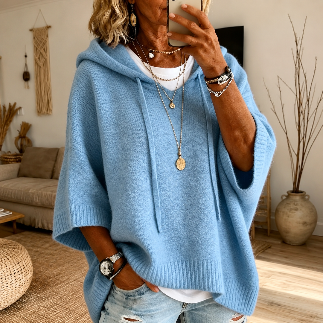 Tegwen | Sky Blue Hooded Poncho-Style Knit Jumper