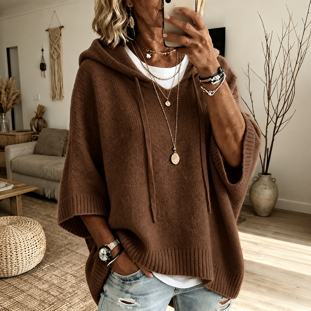 Brontë | Chocolate Brown Hooded Poncho-Style Knit Jumper