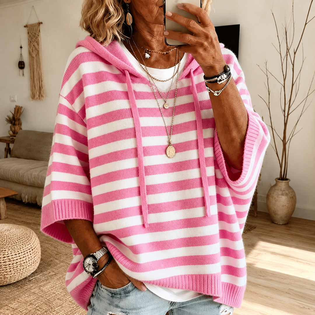 Rhiannon | Pink &amp; White Striped Hooded Poncho-Style Knit Jumper