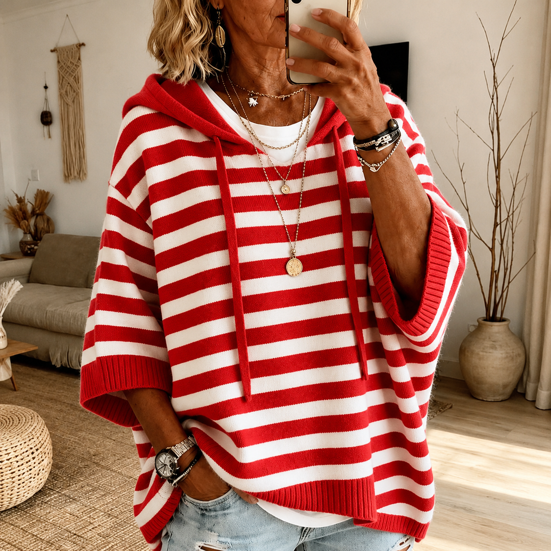 Robyn | Red &amp; White Striped Hooded Poncho-Style Knit Jumper