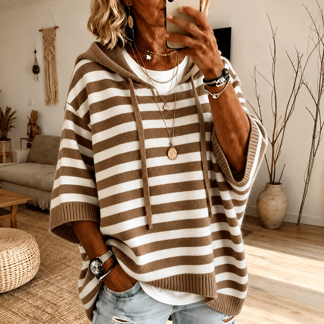 Odessa | Taupe &amp; White Striped Hooded Poncho-Style Knit Jumper