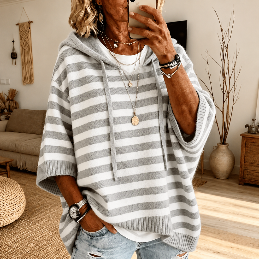 Saskia | Striped Hooded Poncho-Style Knit Jumper