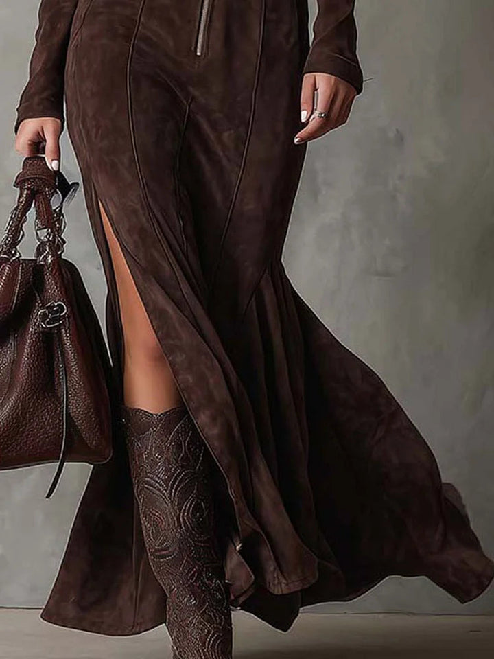 Anastasie | Zip-Front Suede-Effect Fishtail Maxi Dress