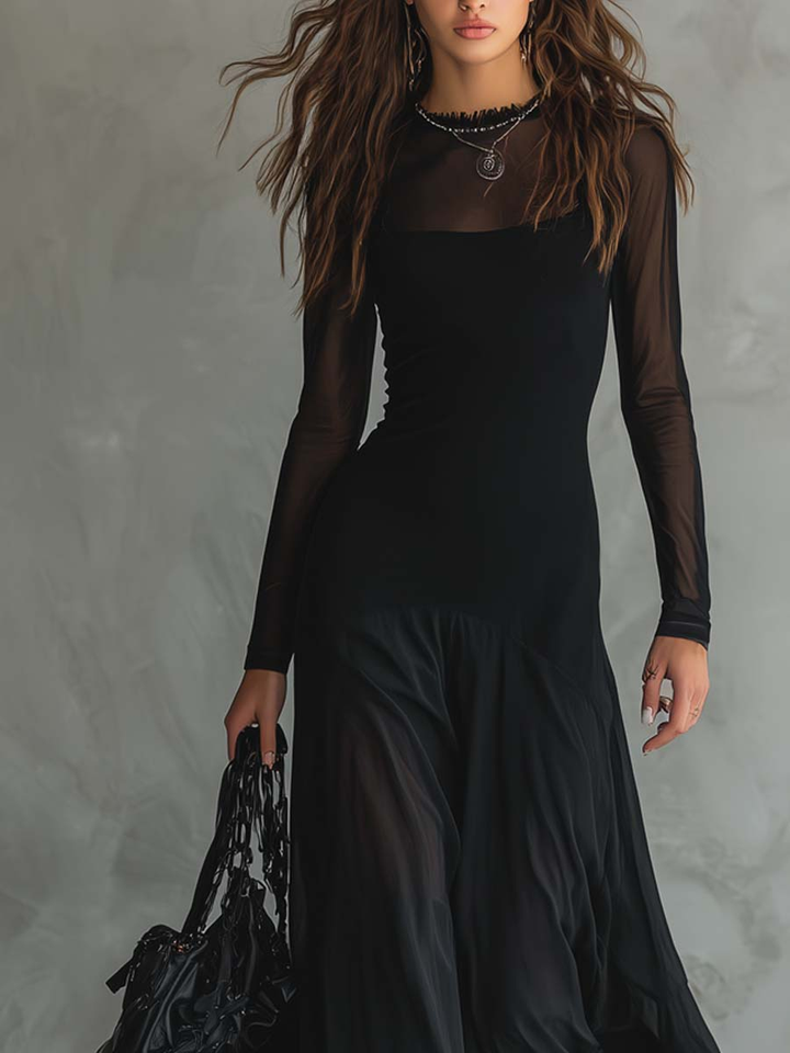 Morgane | Sheer-Sleeve Black Flared Chiffon Maxi Dress