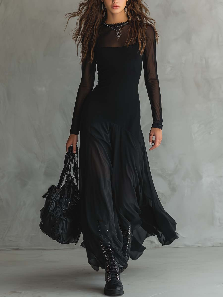 Morgane | Sheer-Sleeve Black Flared Chiffon Maxi Dress
