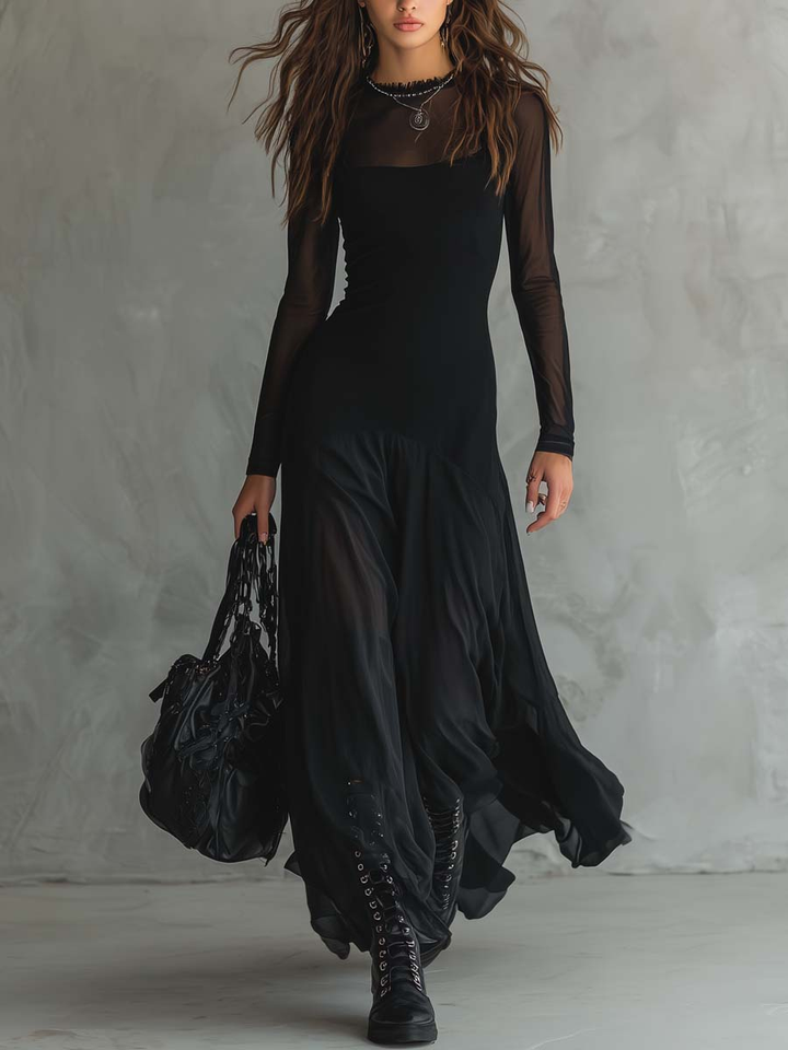 Morgane | Sheer-Sleeve Black Flared Chiffon Maxi Dress