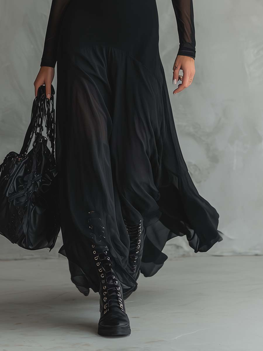 Morgane | Sheer-Sleeve Black Flared Chiffon Maxi Dress