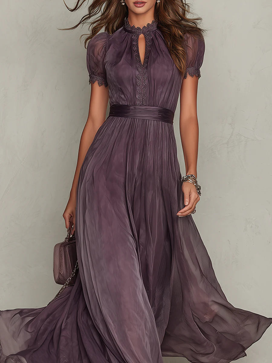 Prunelle | Lace-Collar Keyhole Flowing Chiffon Maxi Dress