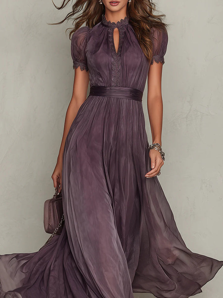 Prunelle | Lace-Collar Keyhole Flowing Chiffon Maxi Dress