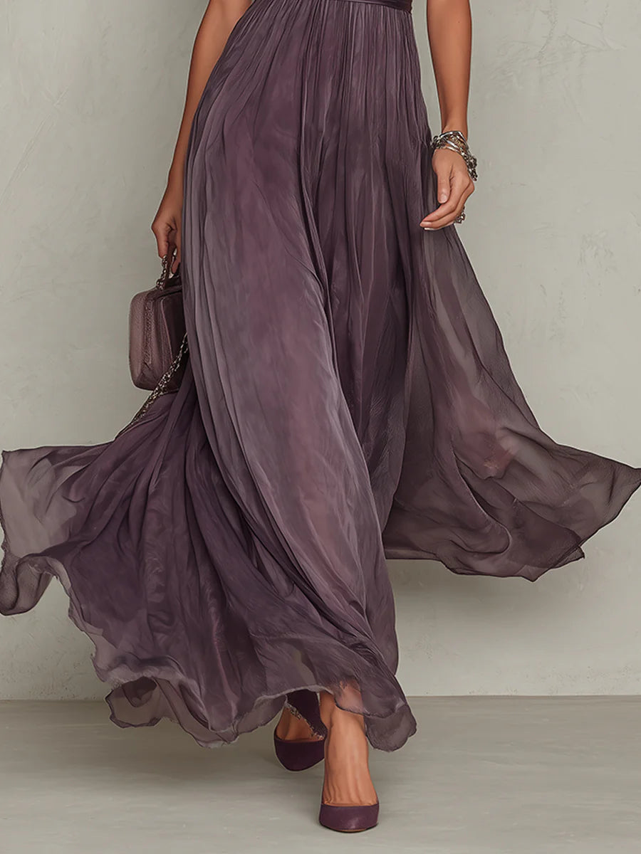 Prunelle | Lace-Collar Keyhole Flowing Chiffon Maxi Dress