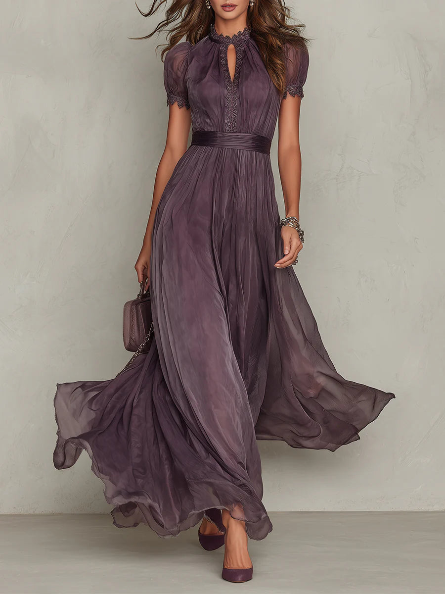 Prunelle | Lace-Collar Keyhole Flowing Chiffon Maxi Dress