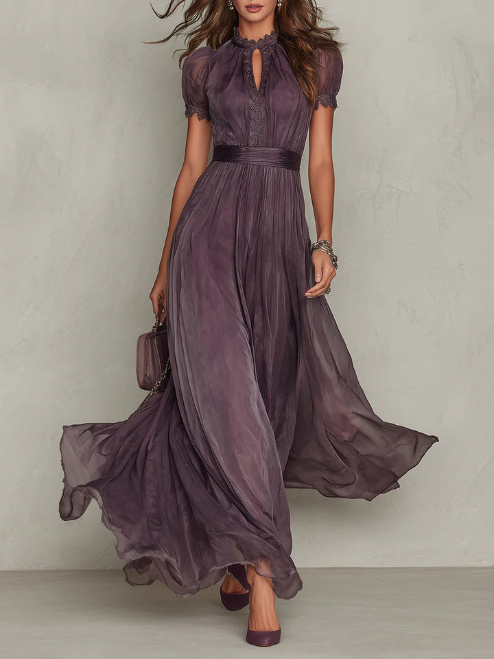 Prunelle | Lace-Collar Keyhole Flowing Chiffon Maxi Dress