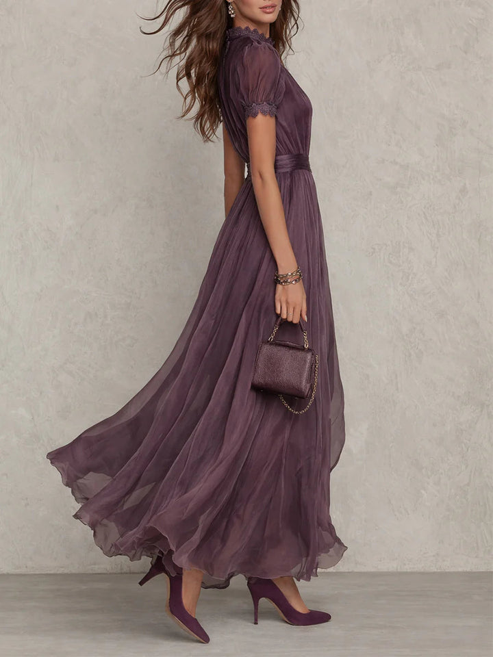 Prunelle | Lace-Collar Keyhole Flowing Chiffon Maxi Dress