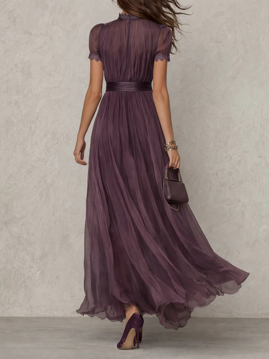Prunelle | Lace-Collar Keyhole Flowing Chiffon Maxi Dress