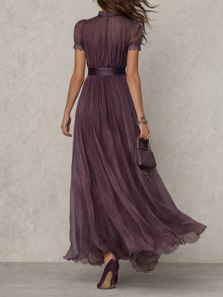 Prunelle | Lace-Collar Keyhole Flowing Chiffon Maxi Dress