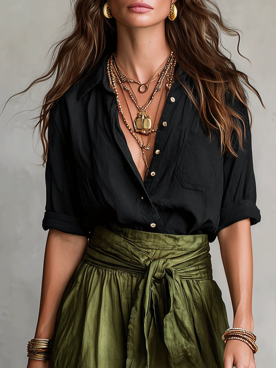 SAHARA | Two-Piece Set: Black Top and Olive Green Midi Skirt