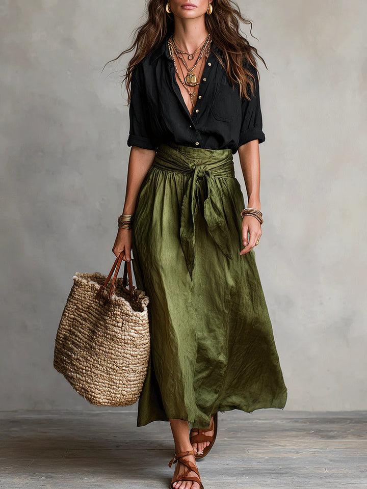SAHARA | Two-Piece Set: Black Top and Olive Green Midi Skirt