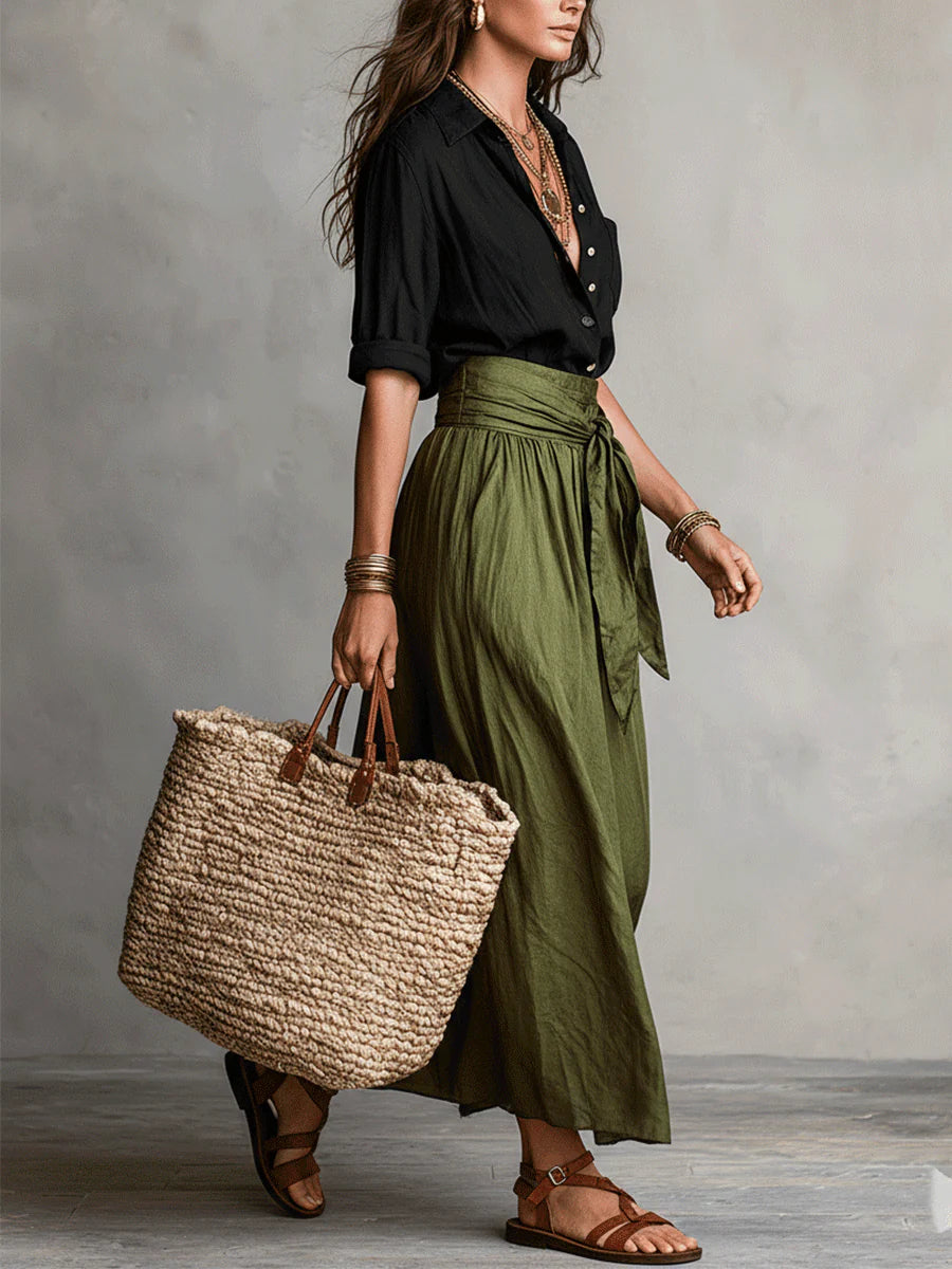 SAHARA | Two-Piece Set: Black Top and Olive Green Midi Skirt