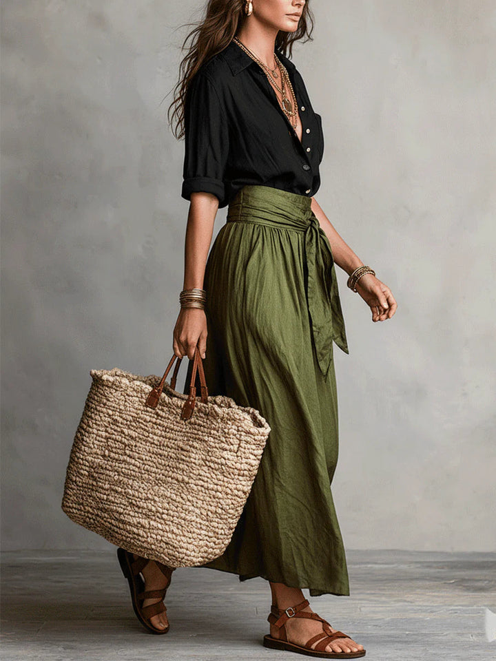 SAHARA | Two-Piece Set: Black Top and Olive Green Midi Skirt