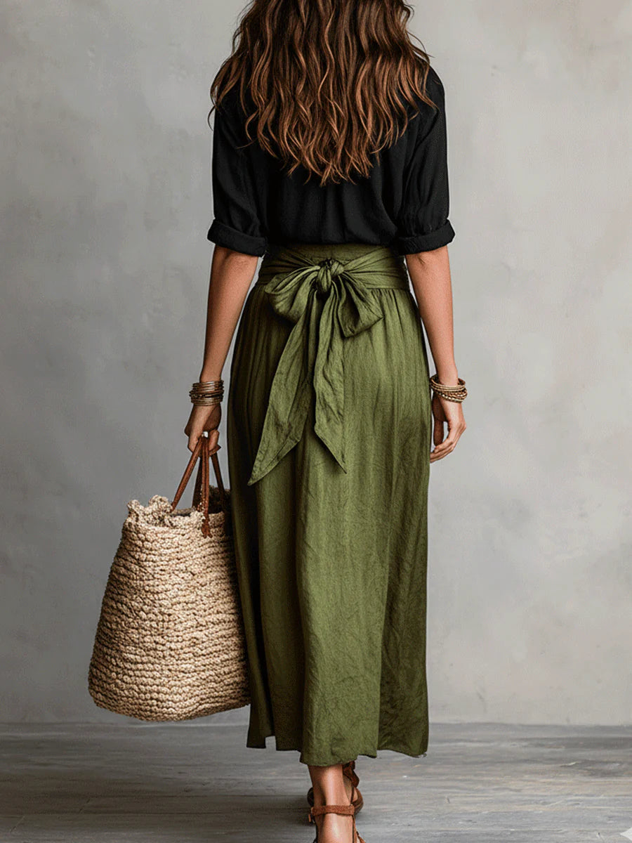 SAHARA | Two-Piece Set: Black Top and Olive Green Midi Skirt