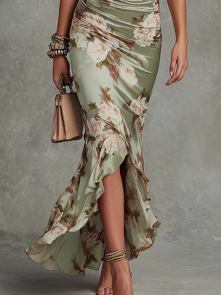 Loretta | Asymmetrical Long Dress in Green Satin with V-Neck, Flared Puff Sleeves, and Floral Pattern