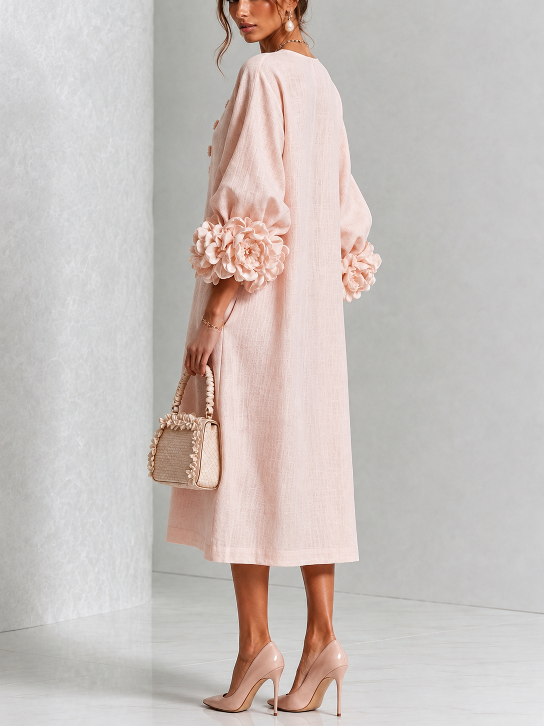 Belladonna | Puff-Sleeve Midi Dress with 3D Flower Cuffs
