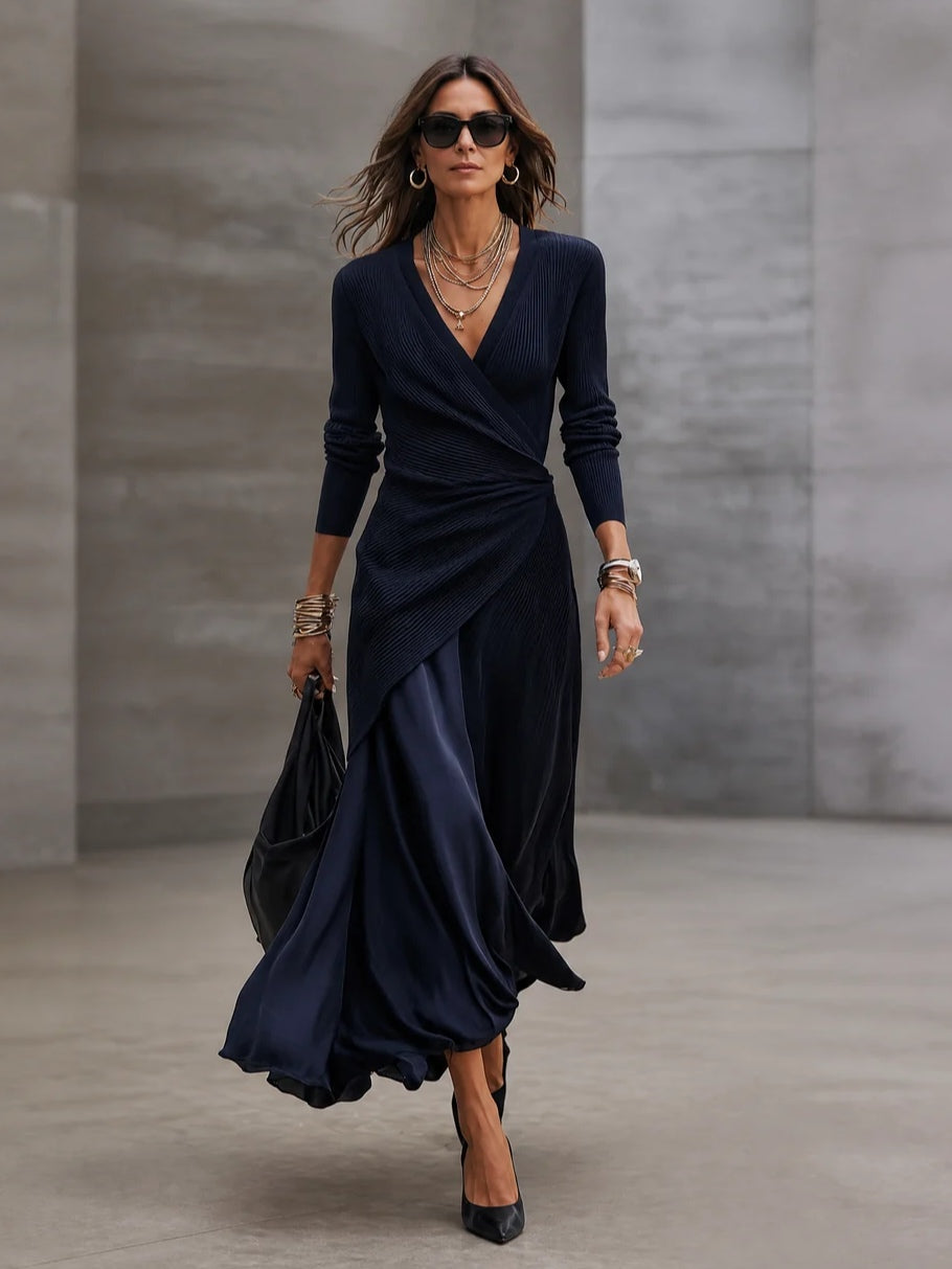 Fiorella | Ribbed Wrap-Front Satin-Panel Maxi Dress
