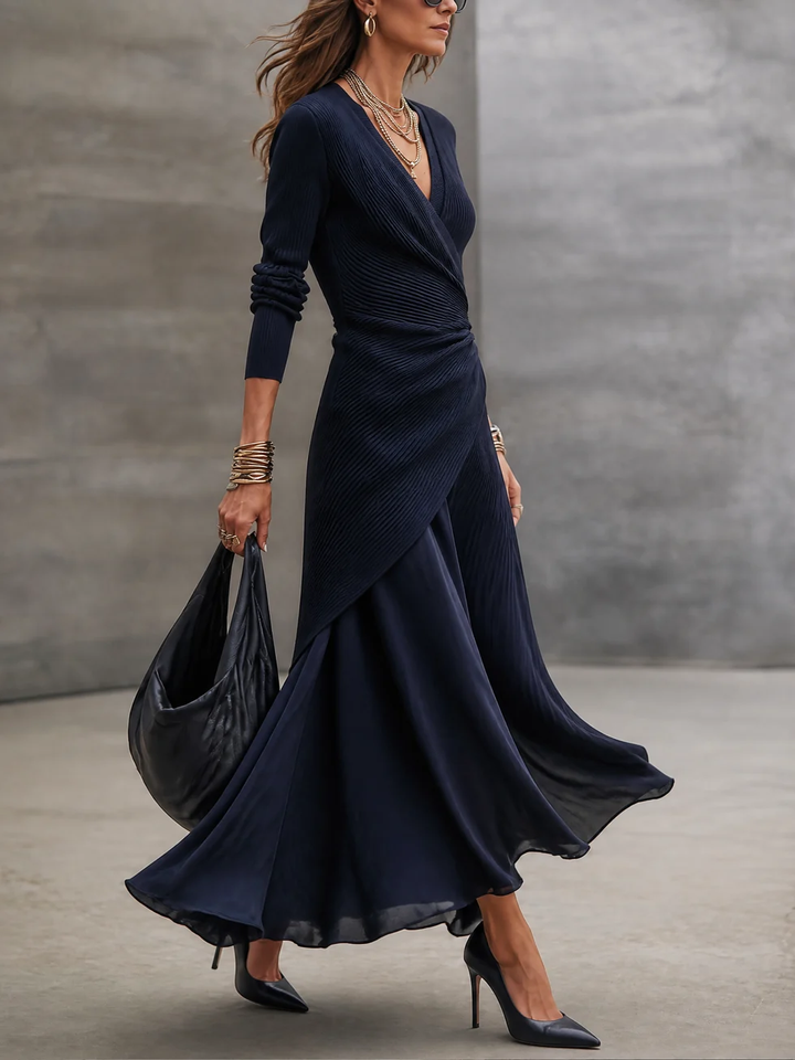 Fiorella | Ribbed Wrap-Front Satin-Panel Maxi Dress
