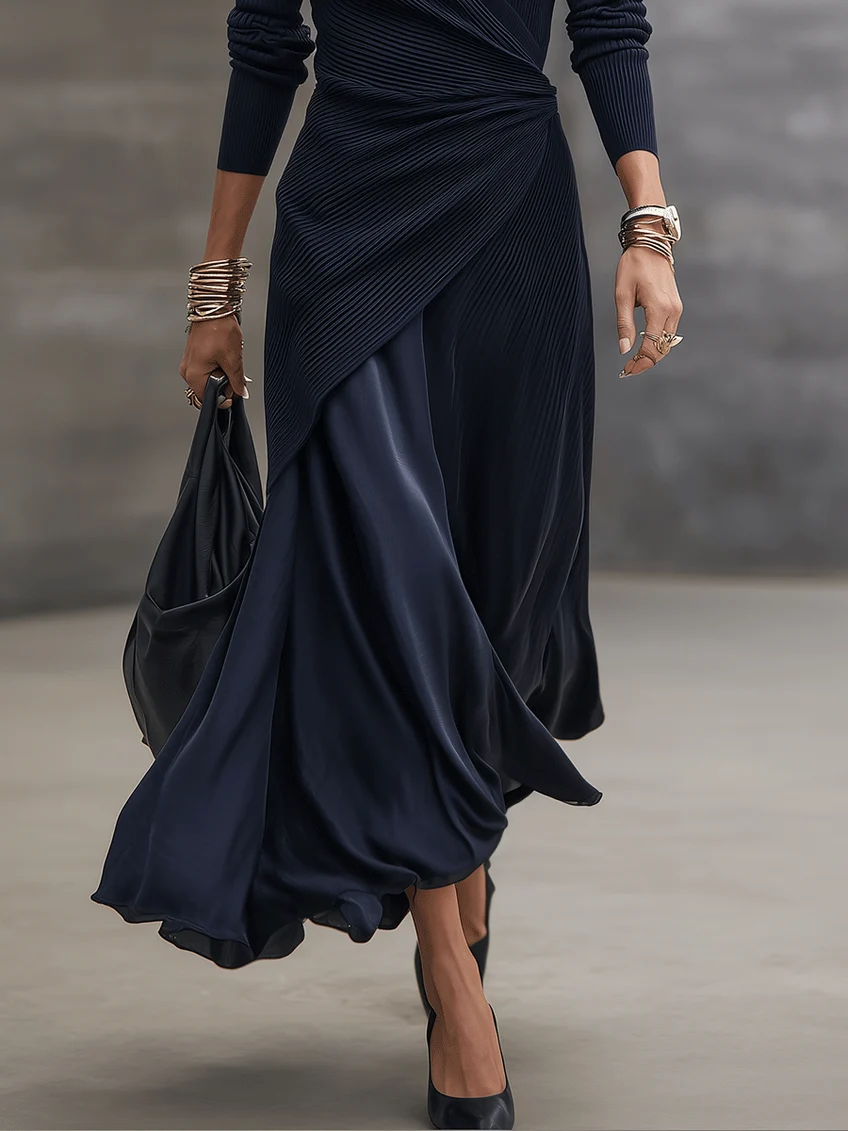 Fiorella | Ribbed Wrap-Front Satin-Panel Maxi Dress