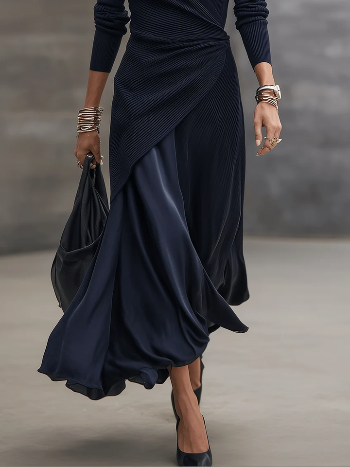 Fiorella | Ribbed Wrap-Front Satin-Panel Maxi Dress