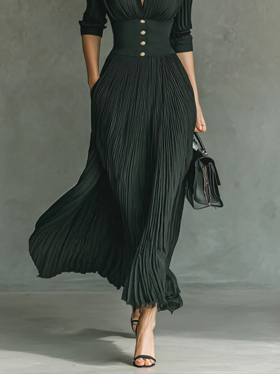 Cosima | Pleated Collared Corset-Waist Maxi Dress
