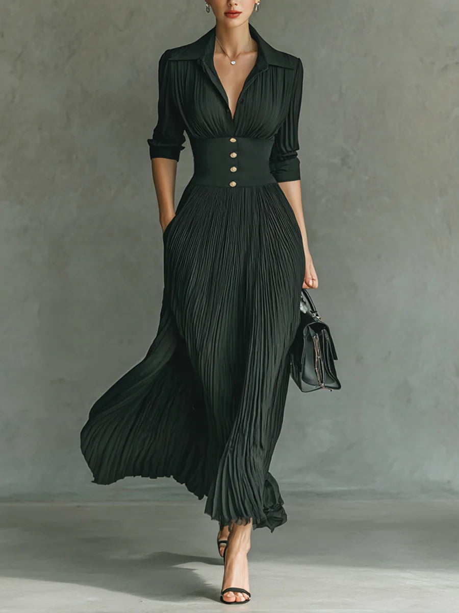 Cosima | Pleated Collared Corset-Waist Maxi Dress