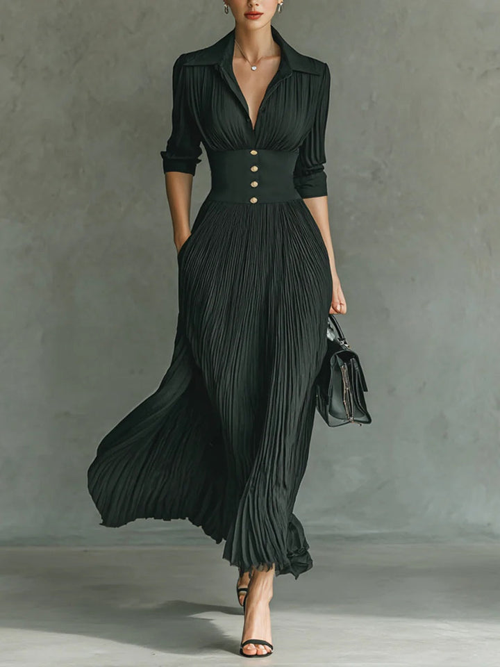 Cosima | Pleated Collared Corset-Waist Maxi Dress
