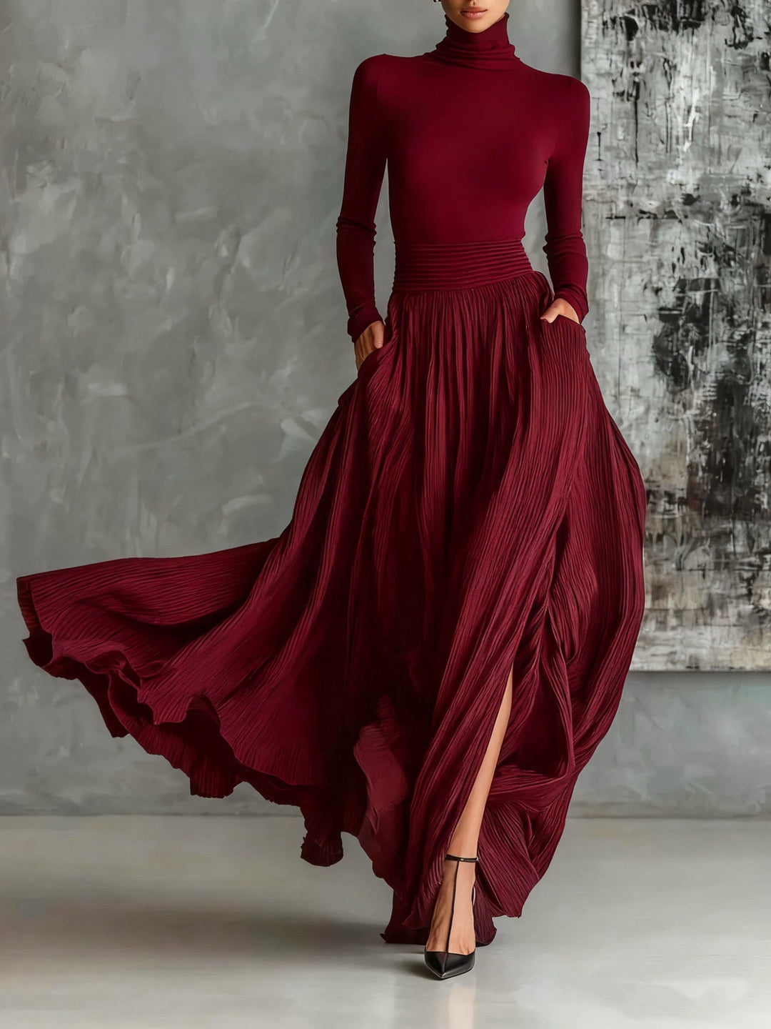 Ludivine | Roll-Neck Top &amp; Pleated Maxi Skirt Set