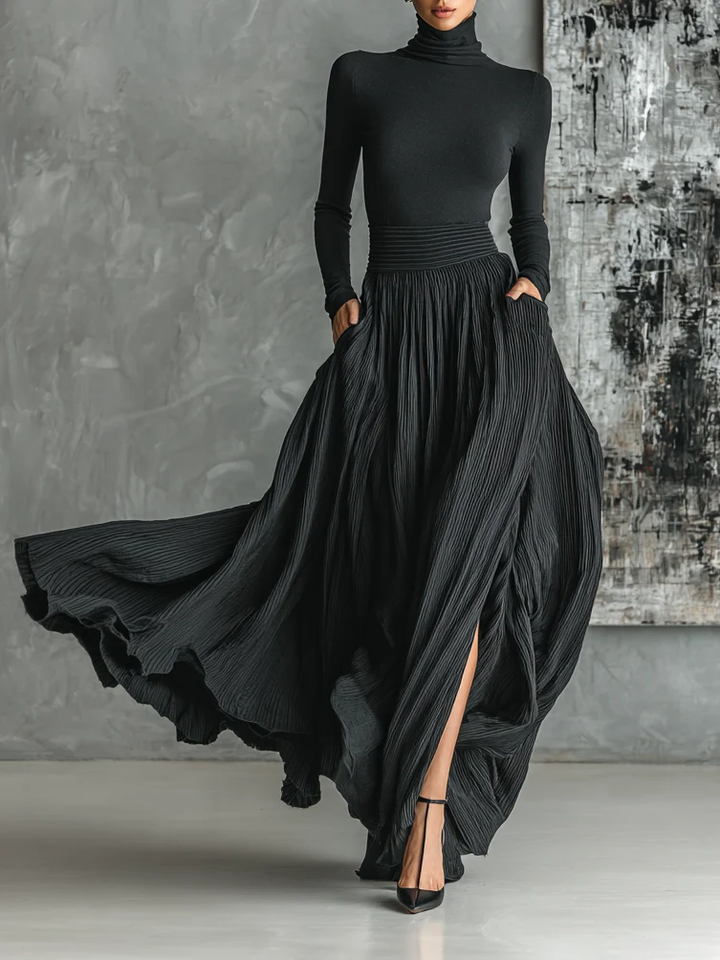 Ludivine | Roll-Neck Top &amp; Pleated Maxi Skirt Set