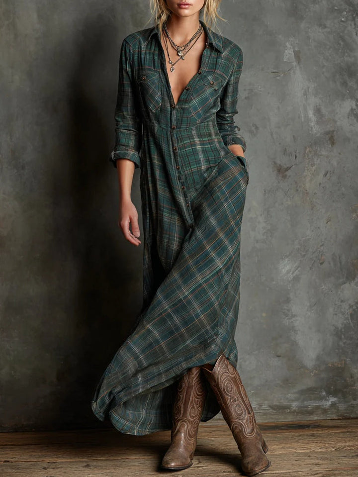 Héloïse | Washed Check Western Maxi Shirt Dress