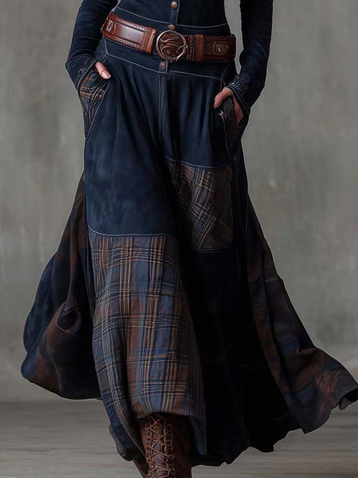 Ysaline | Suede-Effect Patchwork Maxi Dress with Belt