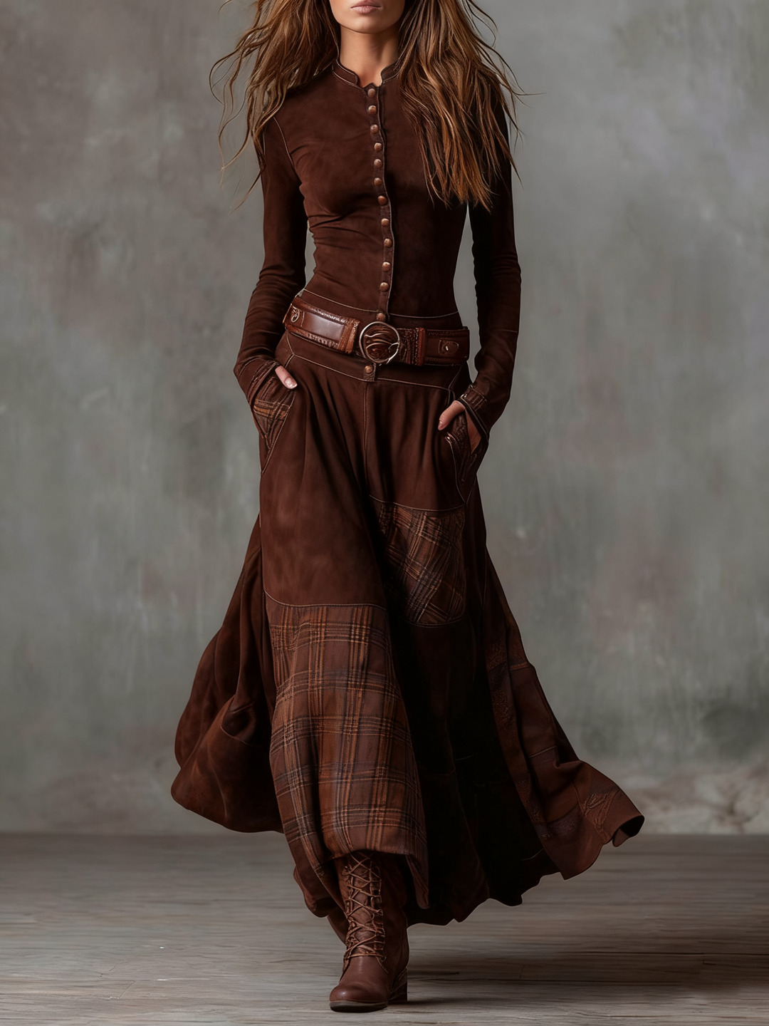 Ysaline | Suede-Effect Patchwork Maxi Dress with Belt