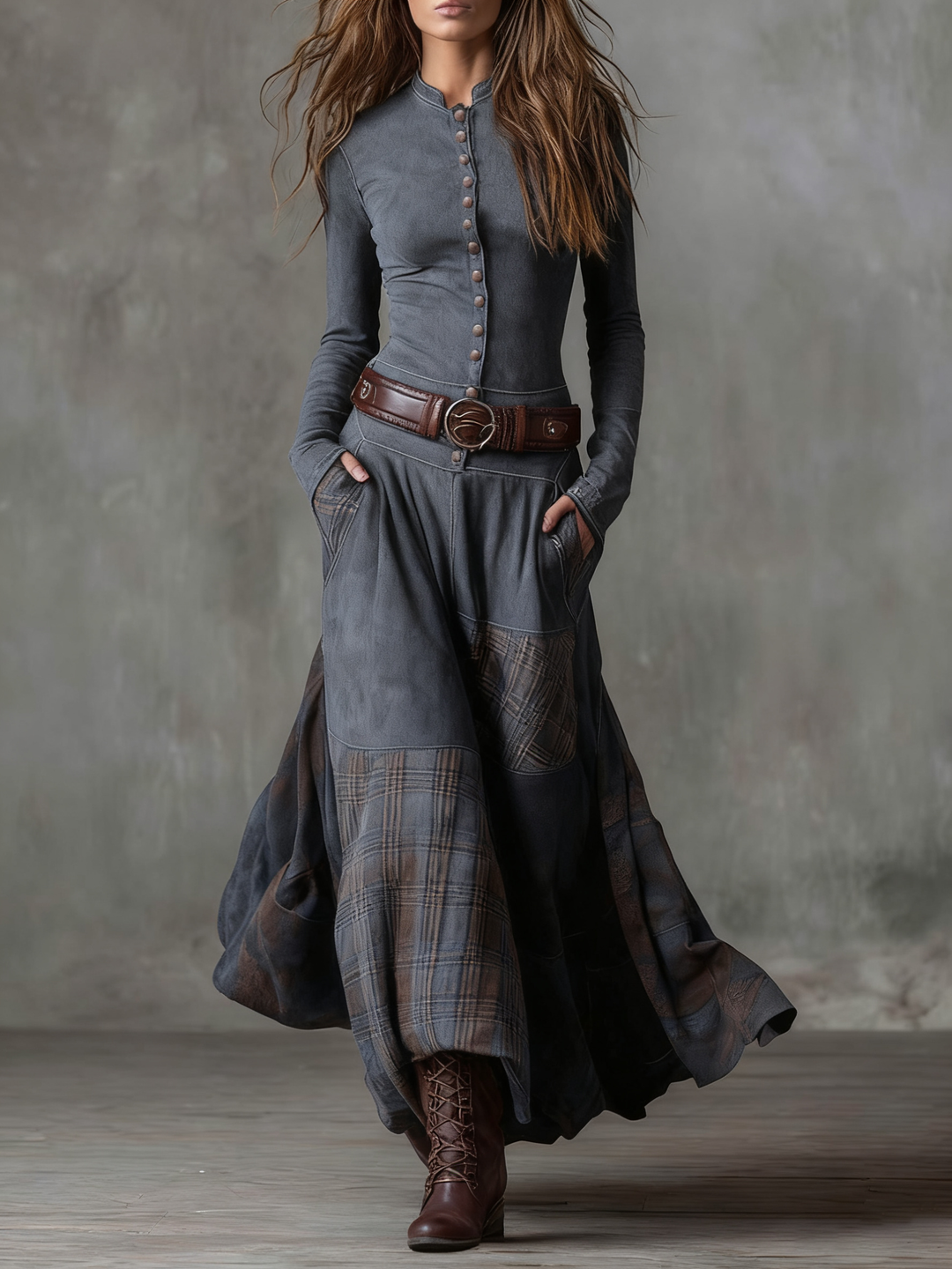 Ysaline | Suede-Effect Patchwork Maxi Dress with Belt