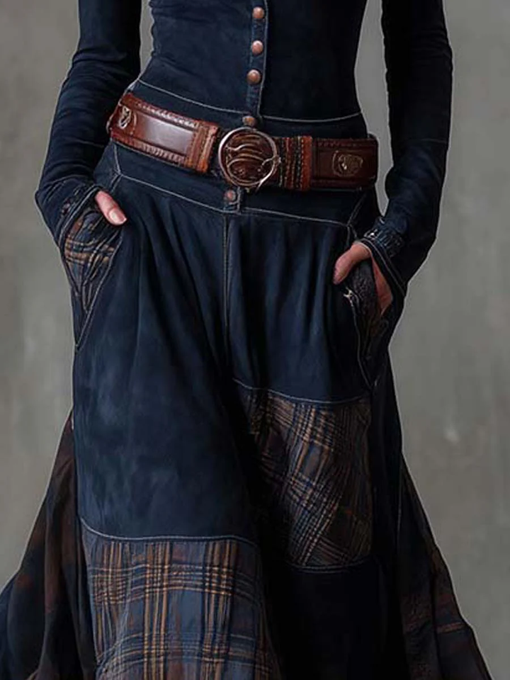 Ysaline | Suede-Effect Patchwork Maxi Dress with Belt