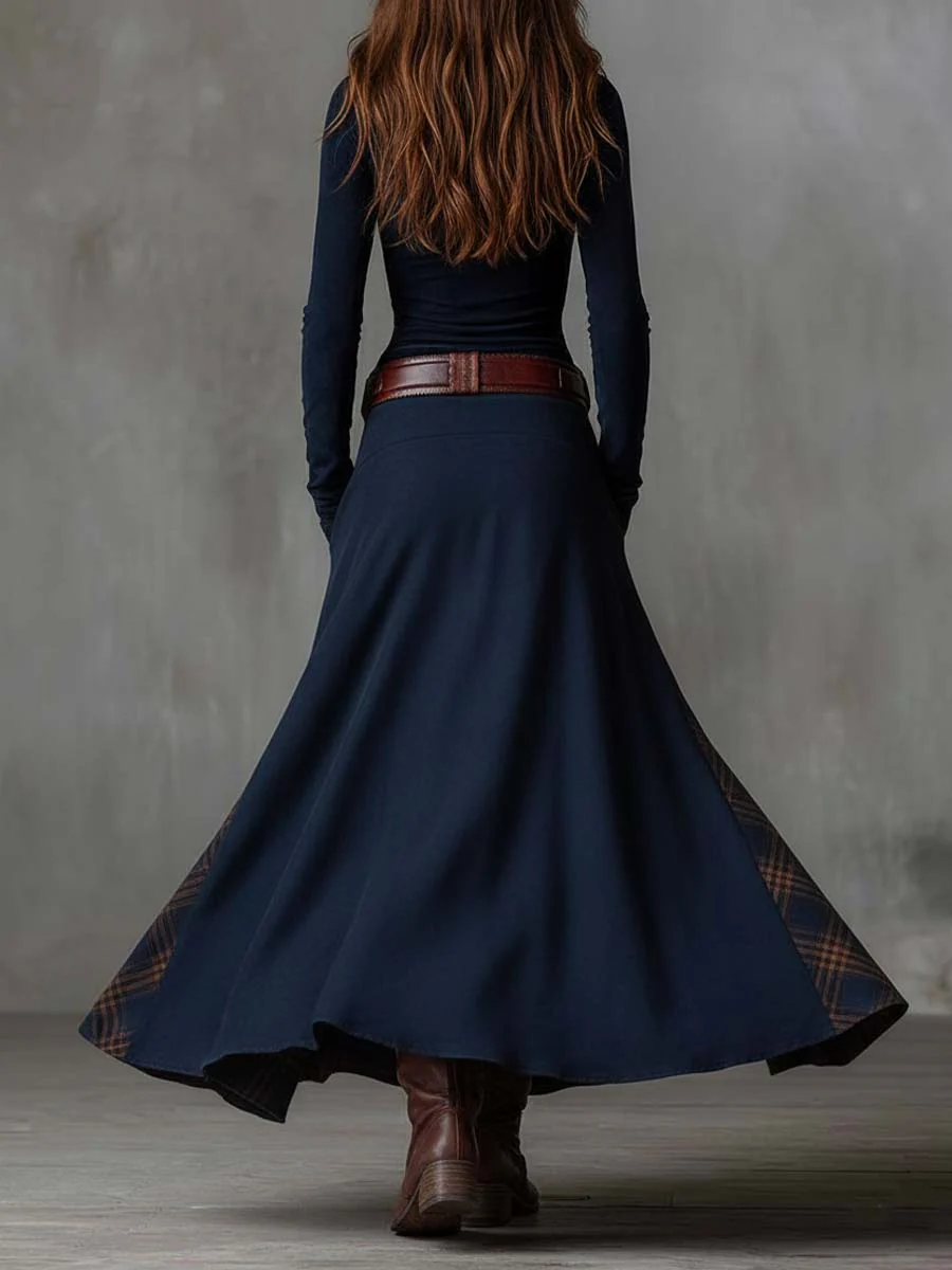Ysaline | Suede-Effect Patchwork Maxi Dress with Belt
