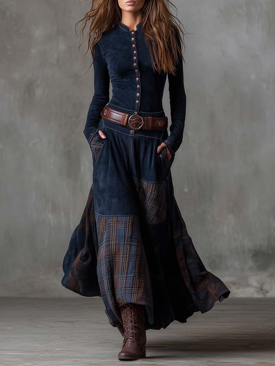Ysaline | Suede-Effect Patchwork Maxi Dress with Belt