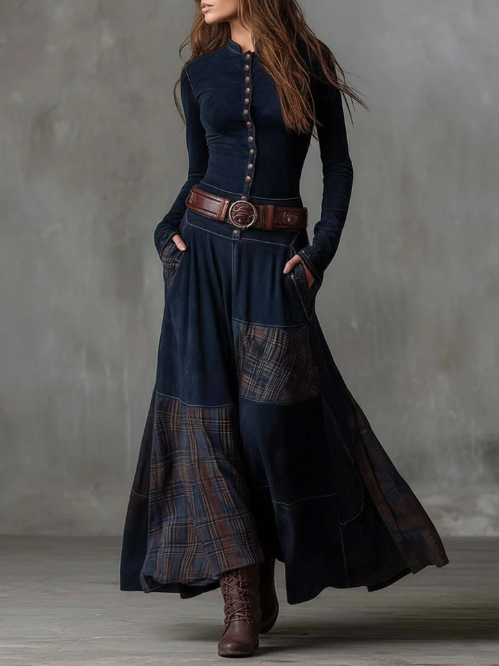 Ysaline | Suede-Effect Patchwork Maxi Dress with Belt